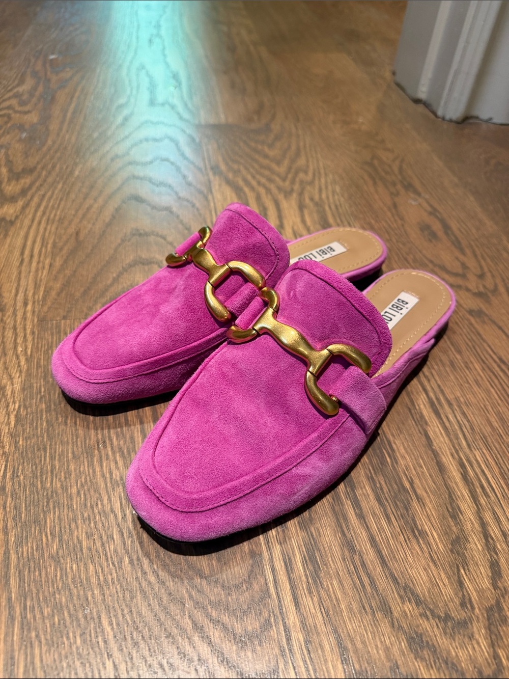 Bright Fuchsia Suede Backless Mules with Gold Chain Accent